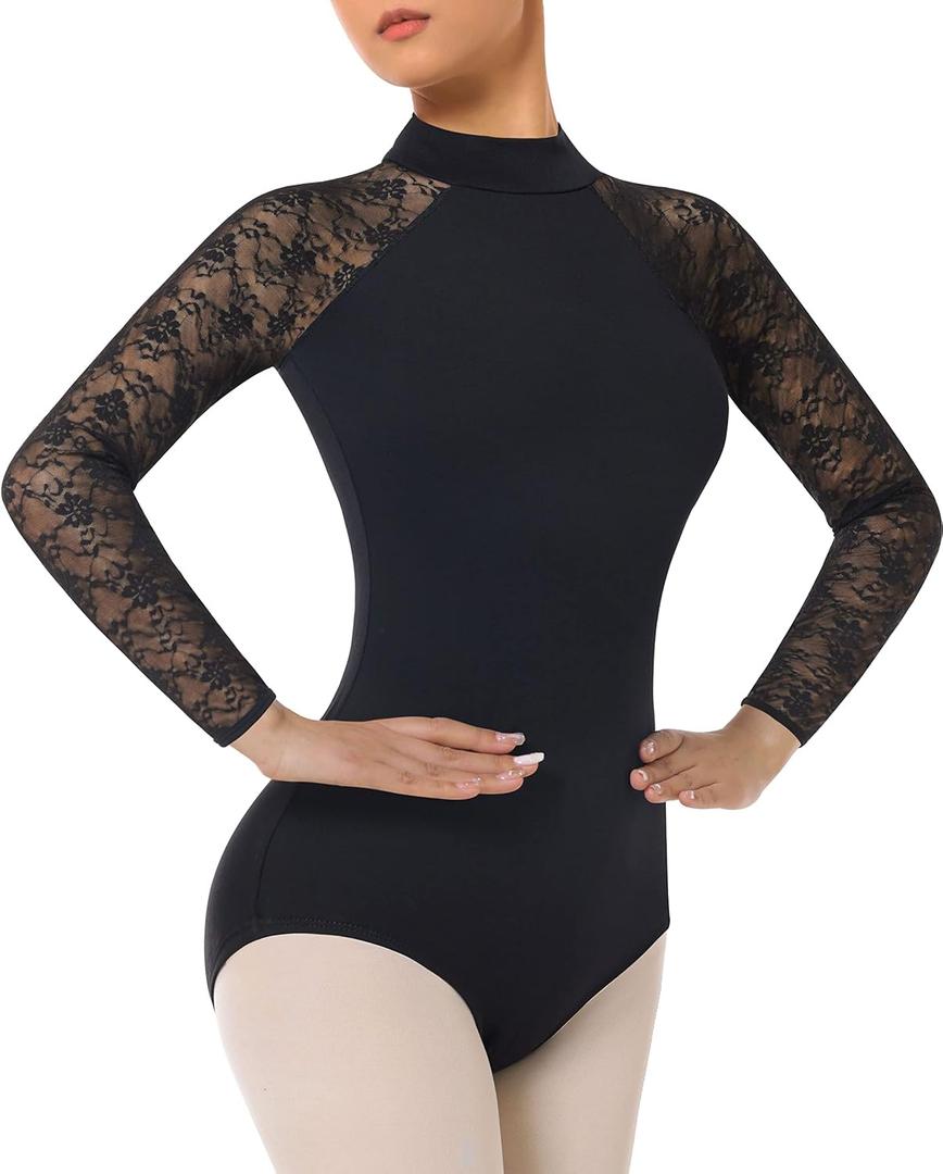 Women's Turtleneck Dance Ballet Leotard With Durable Lace,Water-drop Hollow Back (Medium, Long Sleeve Black)