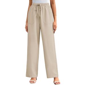 GRACE KARIN Women's Wide Leg Casual Pants Summer Lightweight Drawstring Elastic Waist Lounge Beach Palazzo with Pockets (Large, Apricot)