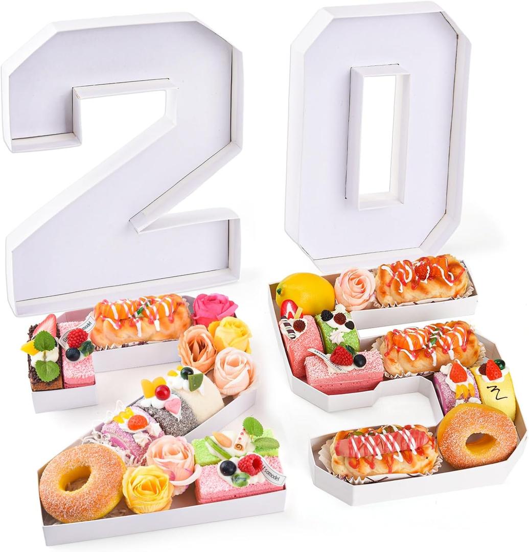 2025 Set Cardboard Number for Charcuterie 10.2'' Fillable Tray Charcuterie Paper Box for Graduation Anniversary Birthday New Year Party Decorations Chocolate Cookies Goodie Cupcake Box (White)