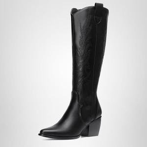DREAM PAIRS Womens Cowboy Boots Wide Calf Comfortable Pull On Zipper Chunky Heel Pointed Toe Embroidered Western Cowgirl Knee High Boots Ladies Retro Tall Boot, Size 5.5, Black/ Pu