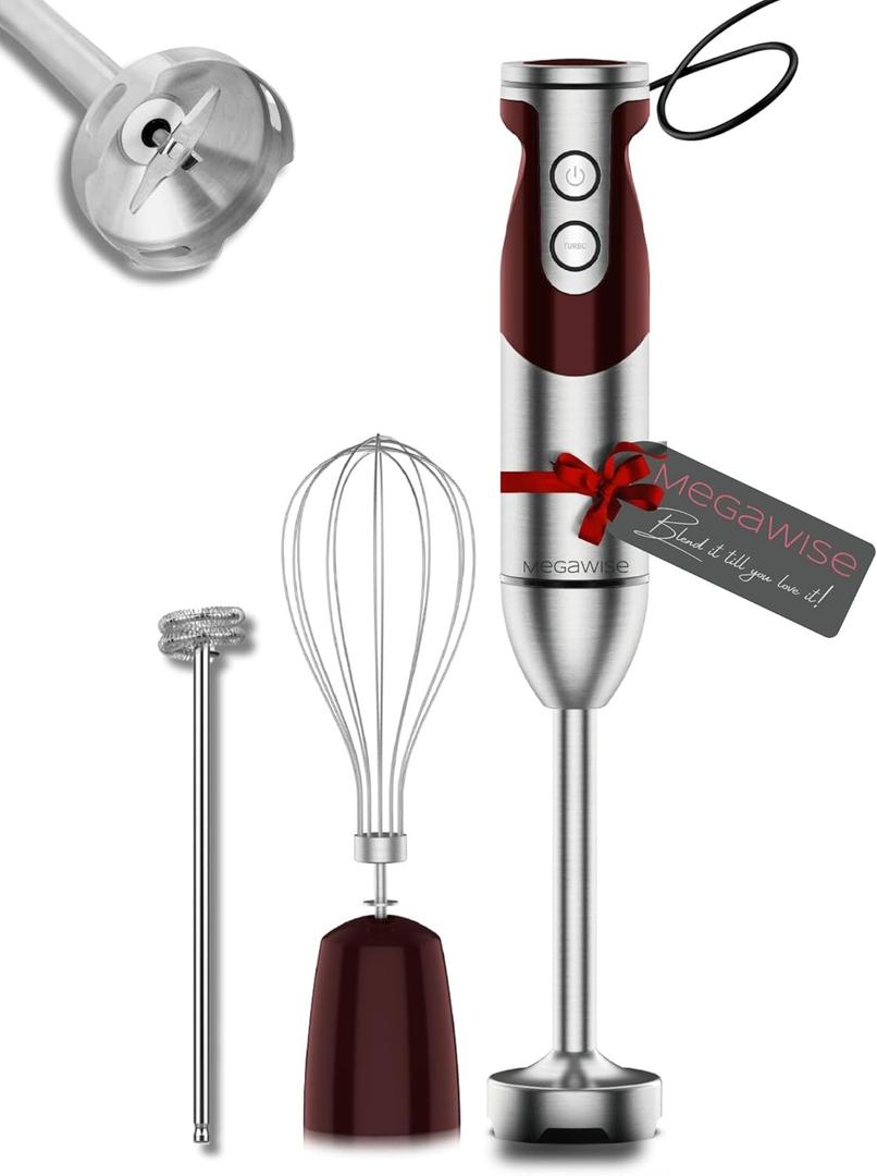 MegaWise Pro Titanium Reinforced 3-in-1 Immersion Corded Hand Blender, Powerful MOTOR with 80% Sharper Blades, 12-Speed Corded Blender, IncludingWhisk and Milk Frother (3-in 1 Red) (Black)