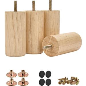 Solid Wood Furniture Legs, 4Pcs Modern Round Wooden Bun Feet Sofa Legs with Threaded M8 Hanger Bolts & Mounting Plate & Screws for Sofa Couch Cabinet Bed(4 inch /10cm,Varnish)