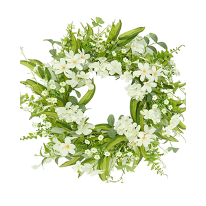 20" Spring Wreath Summer Wreath with White Cherry Blossoms Hydrangea Flowers and Wild Flowers Mixed Green Eucalyptus Fern Leaves for Front Door Home Outdoor Decoration