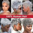 Grey Short Curly Pixie Cut Wigs Remy Human Hair for Black Women, Silver Grey Deep Wave 100% Human Hair Pixie Wig Wear and Go Glueless Layered Curly Wavy Pixie Cut Edgy Old Lady Cosplay Wig With Bangs