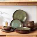 Pokini Stoneware Dinnerware Sets Service for 4, 12 pcs Reactive Glaze Plates and Bowls Sets, Handmade Ceramic Dish Set, Highly Chip and Crack Resistant Modern Plate Set, Brown Green