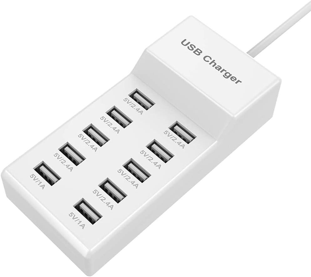 10-Port USB Wall Charger Station with Rapid Charging Auto Detect Technology, Family-Sized USB Ports for Multiple Devices Smart Phone Tablet Laptop Computer