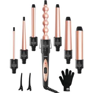 7 in 1 Curling Wand Set: Ohuhu Curling Iron Wand 7Pcs 0.35 to 1.25 Inch Interchangeable Ceramic Barrel Heat Protective Glove 2 Clips Dual Voltage Hair Curler Girl Women Mother's Day Gift Rose Gold