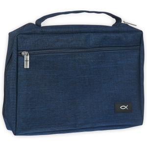 Christian Art Gifts Polyester Bible Cover for Men & Women w/Jesus Fish Patch, Zipper Pocket, Pen Loops, Easy Carry Book Case for Stationery, Accessories, Navy Blue, Small