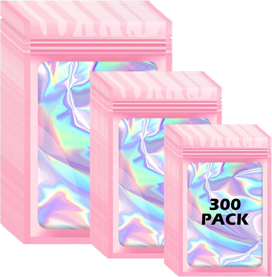 300 Pcs Holographic Mylar Bags, 3 Size Smell Proof Bags with Clear Window Foil Pouch Bags Resealable Bags for Small Business and Food Storage, Pink