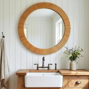 24" Round Rattan Mirror for Bathroom, Decorative Boho Circle Wall Mirror, Farmhouse Wooden Framed Woven Wicker Mirror for Entryway Living Room Nursery Bedroom Fireplace Nature
