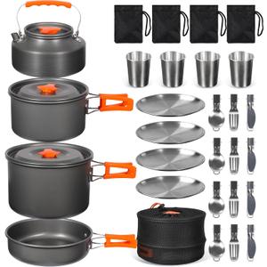 REDCAMP 6/10/11/12/14/15/19 PCS Camping Cookware Mess Kit Camping Gear Campfire Utensils Lightweight Stackable Pot Pan Bowls Soup Spoon with Storage Bag for Camping, Backpacking, Outdoor Cooking