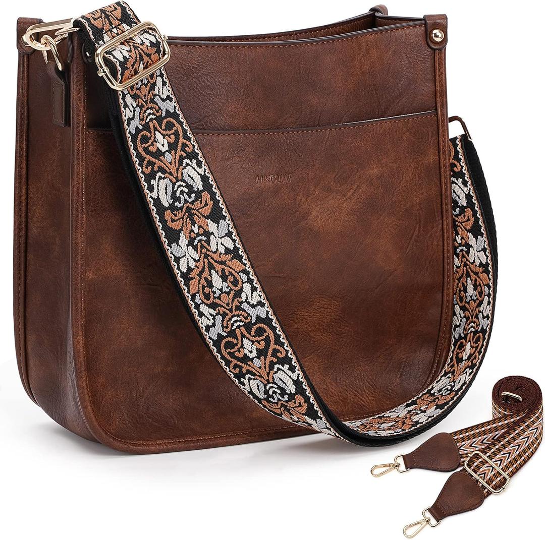 HKCLUF Crossbody Bags for Women Trendy Vegan Leather Hobo Handbags With 2PCS Adjustable Guitar Strap Shoulder Bucket Bags (A23-browncoffee)