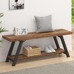 LVB Wood Bench, Industrial Storage Entryway Indoor Bench for Bedroom Hallway Living Room, Rustic Famhouse Wooden Metal Shoe Rack Accent Foyer Bench Seat for Entrance Sitting, Rustic Brown, 47 in Long, 47W x 14.17D x 18.11H Inch