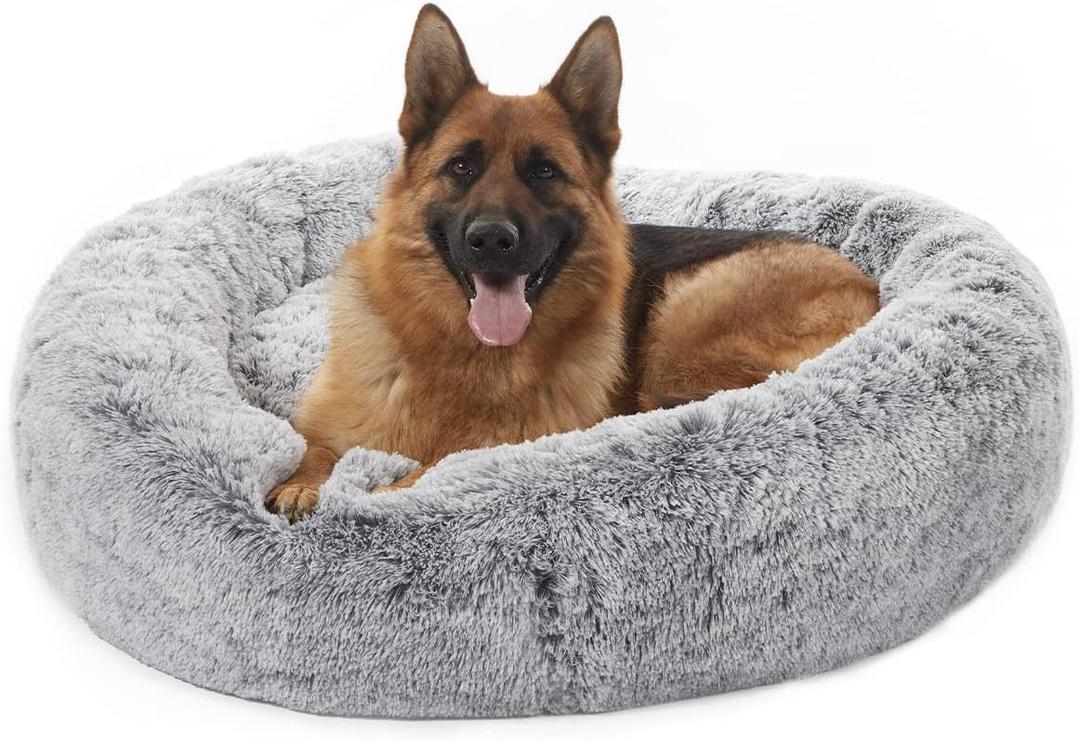 Bedfolks Calming Donut Dog Bed for Extra Large Dogs, 45 Inch Round Plush Bed with Non-Slip Bottom (Dark Grey, Extra Large, 45.0"L x 45.0"W x 10.0"Th)
