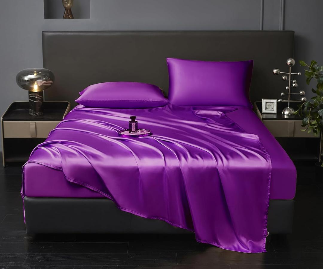 Revdomfly 4 Pcs Queen Size Luxury Silky Soft Purple Satin Sheet Set,1 Premium Moisture Wicking Fitted Sheet Fits Up to 16 Inches Deep Pocket + 1 Flat Sheet + 2 PillowcasesPurple, Queen