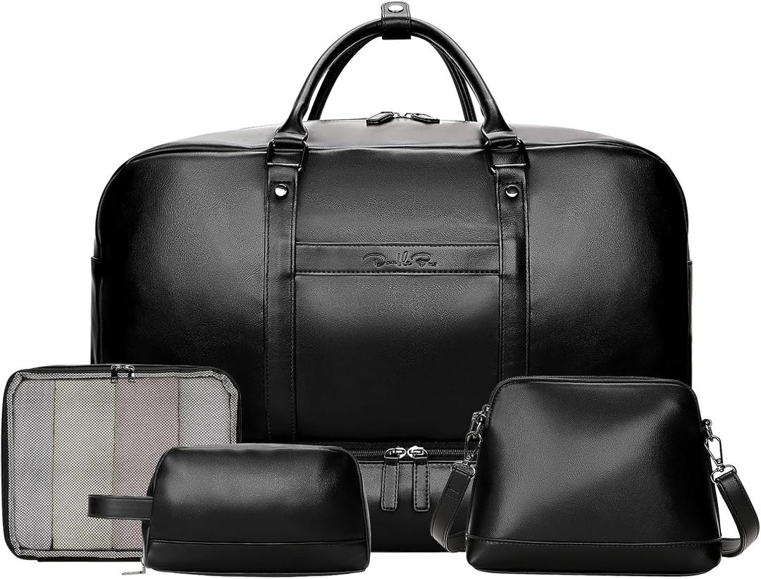 Weekender Bag for Women Men, Large Overnight Bag Faux Leather Travel Duffel Bag with Shoe Compartment Toiletry Packing Cube Carry On Bag Fit 21" Laptop 3Pcs Set (4PCS Black)