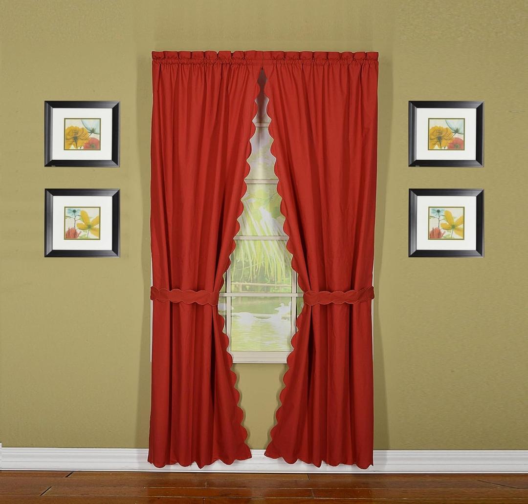 Today's Curtain, Orleans Scallop Curtain, Brick Red 72" Panel Pair and Tieback,4-Piece-Set, 60" W x 72" L, Brick Red
