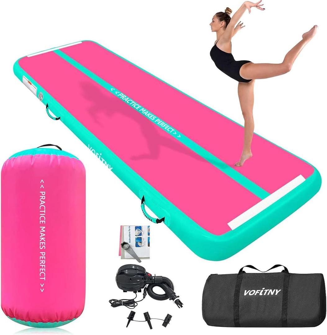 VOFiTNY Inflatable Gymnastics Air mat Tumbling Track with Air Barrel Octagon Mat with Pump for Home/Gym (Mat 10'Lx3.3'W Roller 3.3'Lx2'D, Pink/Mint+Roller)