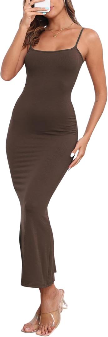 PRIMODA Women's Bodycon Spaghetti Strap Maxi Dress Ribbed Summer Sexy Slip Long Dress Fishtail Hem Dresses (Brown, S)