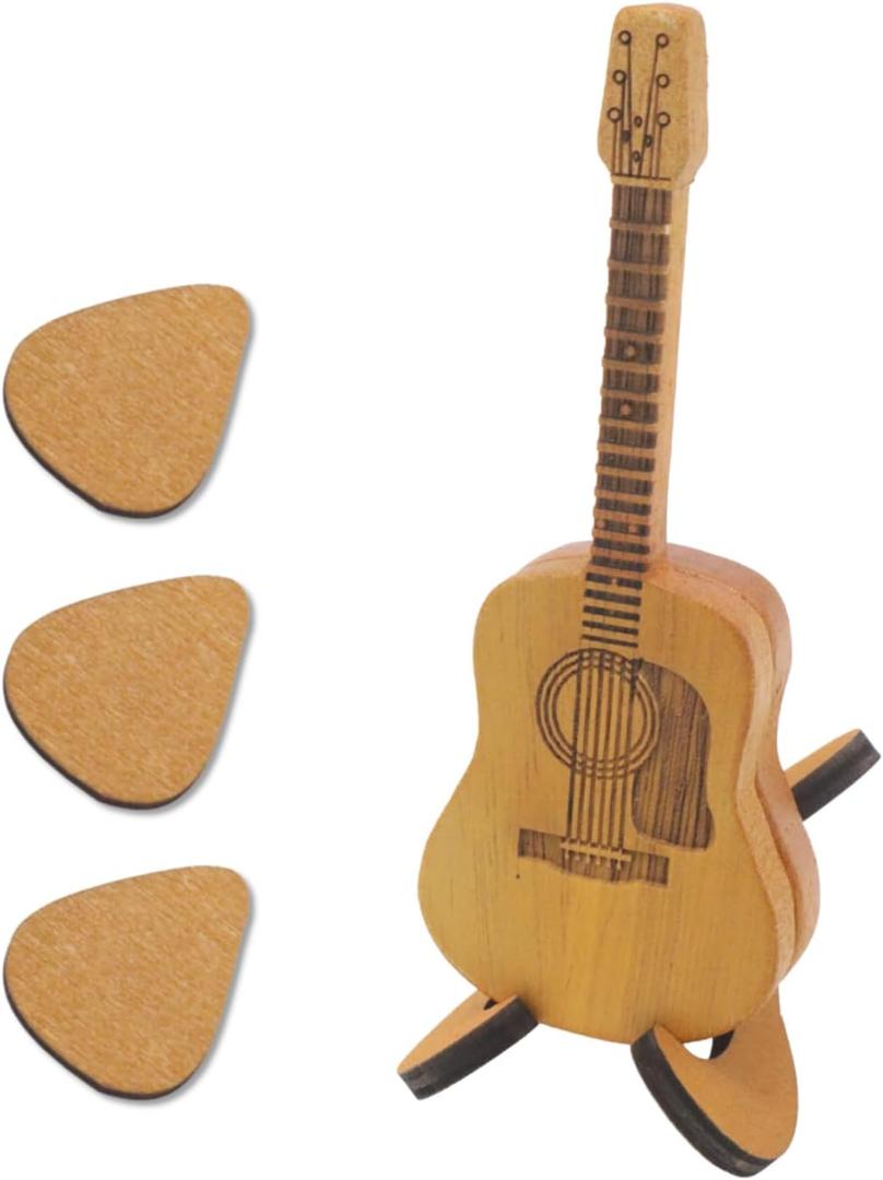 5 x CashBeat Wooden Guitar Pick Box with Stand & 3 Picks, Engraved Plectrum Case for Acoustic/Electric Bass/Ukulele, Mini Storage Gift for Guitarists & Musicians