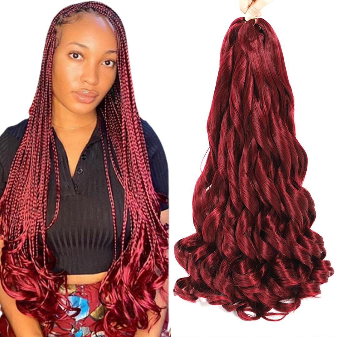 French Curly Braiding Hair 24 Inch Burgundy Color - Pre Stretched Bouncy Braiding Hair- Loose Wavy Synthetic Hair Extensions For Black Women (24 inch 2 packs, Burgundy)