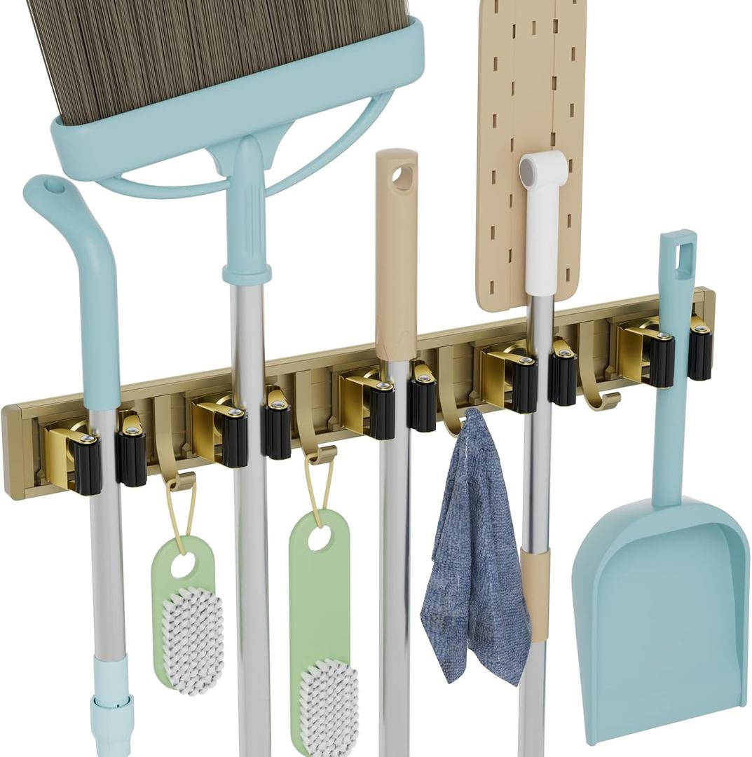 reliahom Broom Holder Wall Mount Mop and Broom Hanger Wall Mounted Garage Storage Rack Kitchen Garden Tool Organizer (5 Racks with 4 Hooks, Bronze) (1 Pack 5R4H)