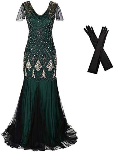 Women Evening Dress 1920s Flapper Cocktail Mermaid Plus Size Formal Gown with Long Gloves, 3XL