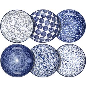 Selamica Porcelain Salad Pasta Bowls, Serving bowls, Microwave & Dishwasher Safe, Sturdy & Stackable - 26 Ounce, Set of 6, Vintage Blue