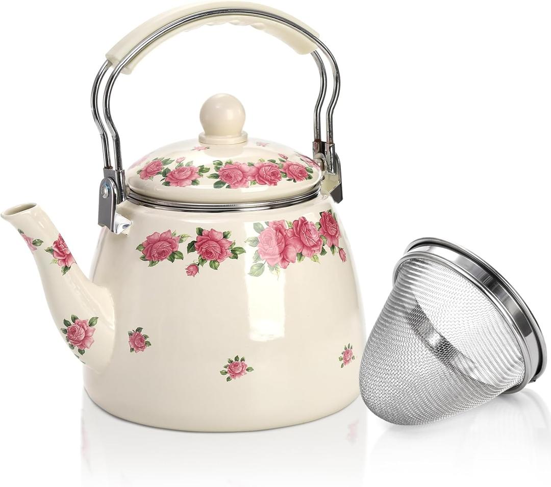 SOUJOY 3.5 Quart Enamel Tea Kettle for Stovetop, Vintage Floral Teapot with Stainless Steel Infuser and Heat-Resistant Handle for Home Kitchen Camping, Perfect Housewarming Wedding Gift