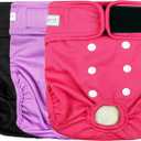 Langsprit Washable Female Dog Diapers (3 Pack) - No Leak Reusable Diapers for Doggy Female in Period - Highly Absorbent Dog Heat Panties with Adjustable Snaps (Black, Pink, Purple, Large)