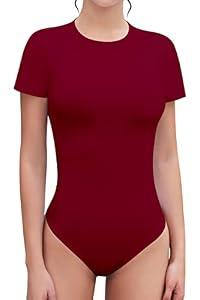 SHEIUGU Women's Crew Neck Short Sleeve Slim Fit T Shirts tops Basic Bodysuit Leotard Clothing(Short Sleeve Burgundy-X-Large)