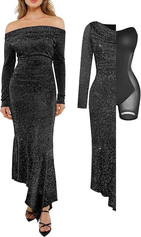 Popilush Shapewear Maxi Dress Women's Sparkly Off Shoulder Long Sleeve Formal Cocktail Dresses Bodycon Mermaid Dress, Black, Large