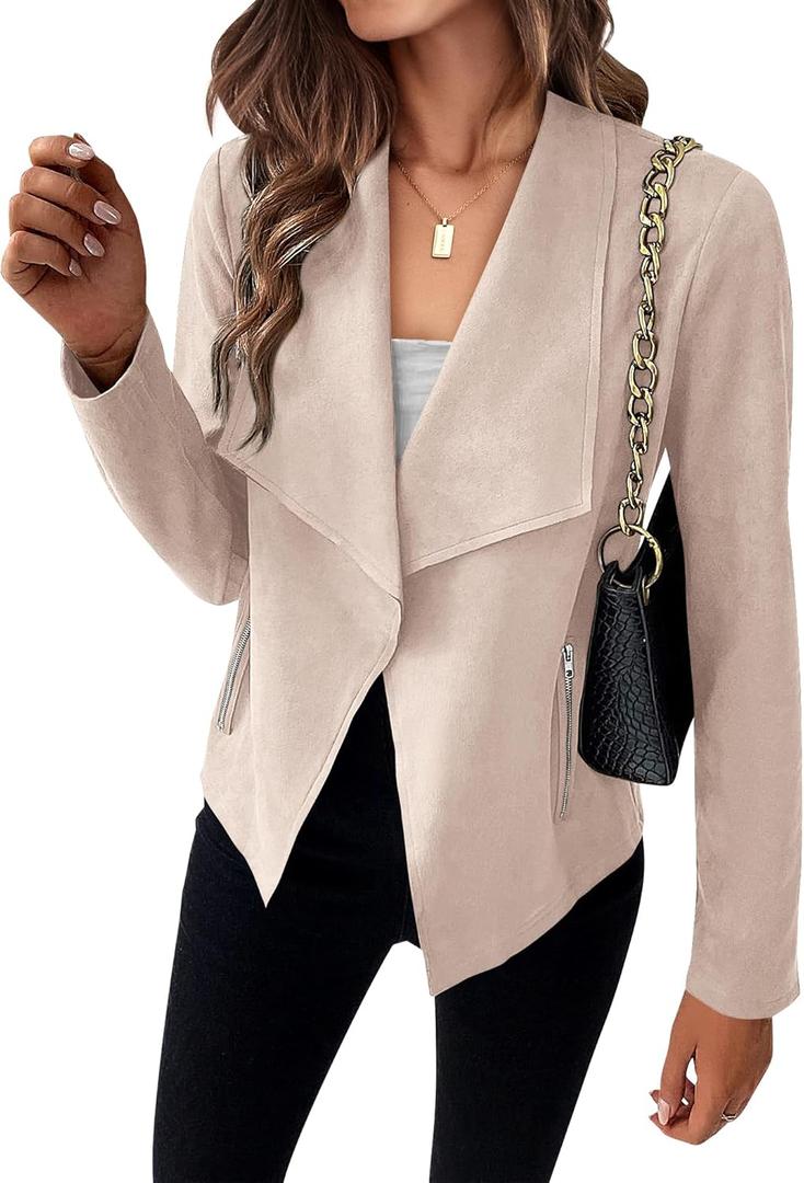 KIRUNDO Women's Faux Leather Suede Jacket 2024 Fall Fashion Light Long Sleeve Cropped Jacket Coats with Pockets(Beige Apricot, Medium)