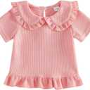 Baby Girl Casual Waffle Shirts Doll Collar Short Sleeve Ruffle Tops Toddler Girls Summer Basic Tees Kid Blouse (Pink)