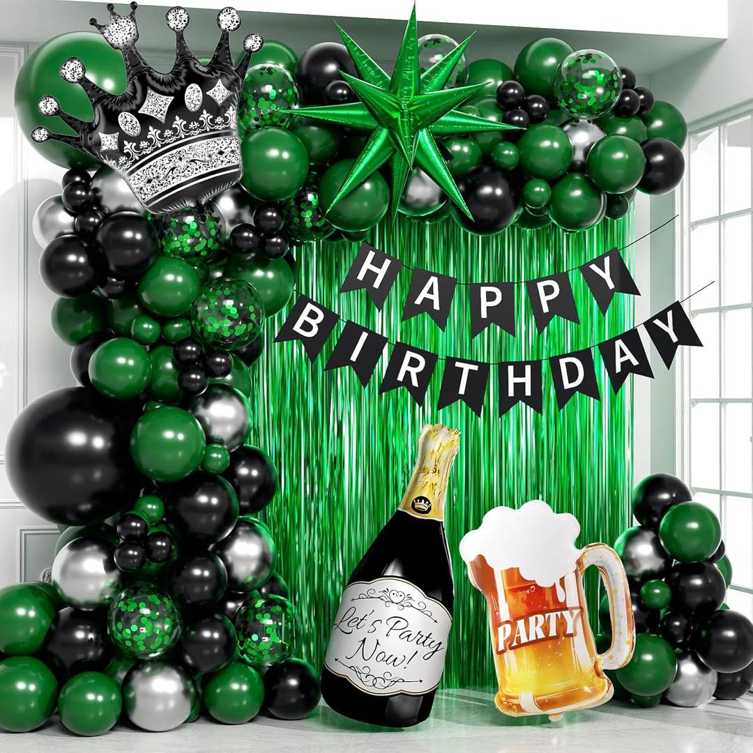 Green Birthday Party Decorations, Green Black Silver Foil Balloons Happy Birthday Banner Fringe Curtains for 16th 18th 21st 24th 32th 40th 50th 60th Birthday Decorations for Men