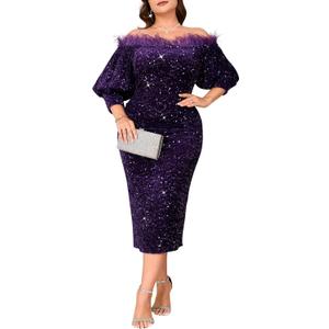 dasmzper Women Sexy Sequin Off The Shoulder Puff 3/4 Sleeve Bodycon Dress Formal Party Cocktail Evening Midi Dress, XXLarge