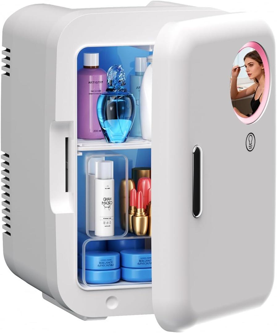 Mini Skincare Fridge with LED Light Mirror, 4 Liter/6 Can Compact Makeup Refrigerator for Bedroom - Portable Mini Fridge for Makeup, Skincare & Food, AC/DC Power for Home & Car