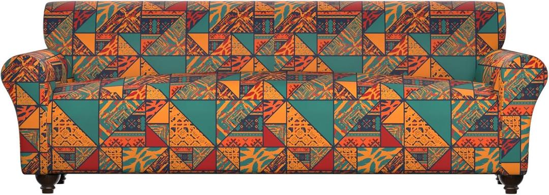 Stretch Couch Covers for 4 Separate Cushion Couch Sofa-Floral Printed Couch Sofa Cover,Washable Sofa Slipcover,Pet Friendly Furniture Protector with Elastic Bottom,Universal Fit for Home(Couch,Cover) (X-Large, Block Pattern+orange)