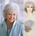 SCENTW Short White to Grey Wigs for White Women Natural Curly Short Layered Silver Gray Pixie Cut Wigs with White Bangs Synthetic Hair Silver WIG for Older Women