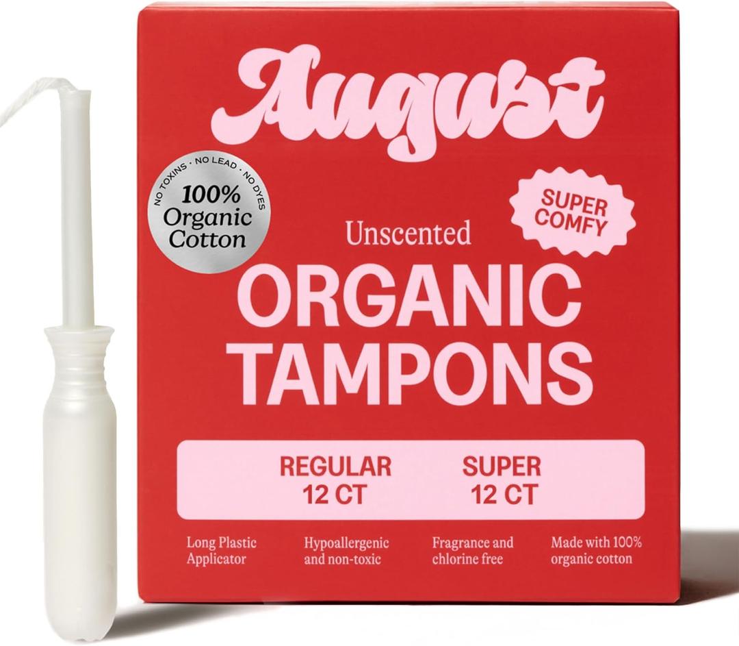 August Super + Regular Tampons - 24-Pack (12 + 12) 100% Organic Cotton Tampons for Women and Anyone Who Menstruates, Non-Toxic, Fragrance-Free, and Hypoallergenic with Long Applicators