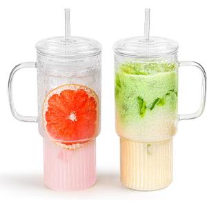 32oz Glass Cups with Handle & Glass Lids and Straws, 2 Pack Large Borosilicate Glass Tumblers for Iced Coffee, Smoothies, Fruit Drinks. Reuseable Glasses Cups for Cold/Hot Water