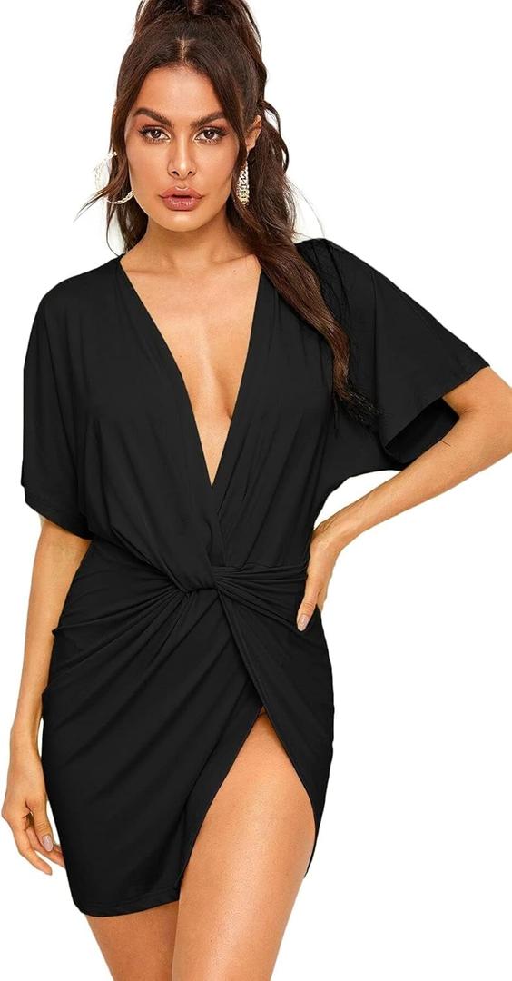 Floerns Women's Deep V Neck Twisted Plunging High Slit Mini Party Dress (Large, A Black Pure)