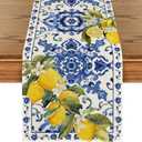 Artoid Mode Lemon Blue and White Porcelain 210 GSM Summer Table Runner, Seasonal Spring Kitchen Dining Table Decoration for Home Party Decor 13x120 Inch