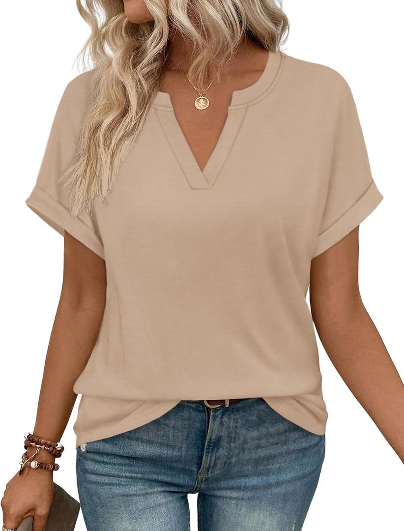 WIHOLL Womens Blouses Spring Tops Short Sleeve Shirts Dressy Casual Summer Vacation Fashion Clothing 2026 (Beige, XL)