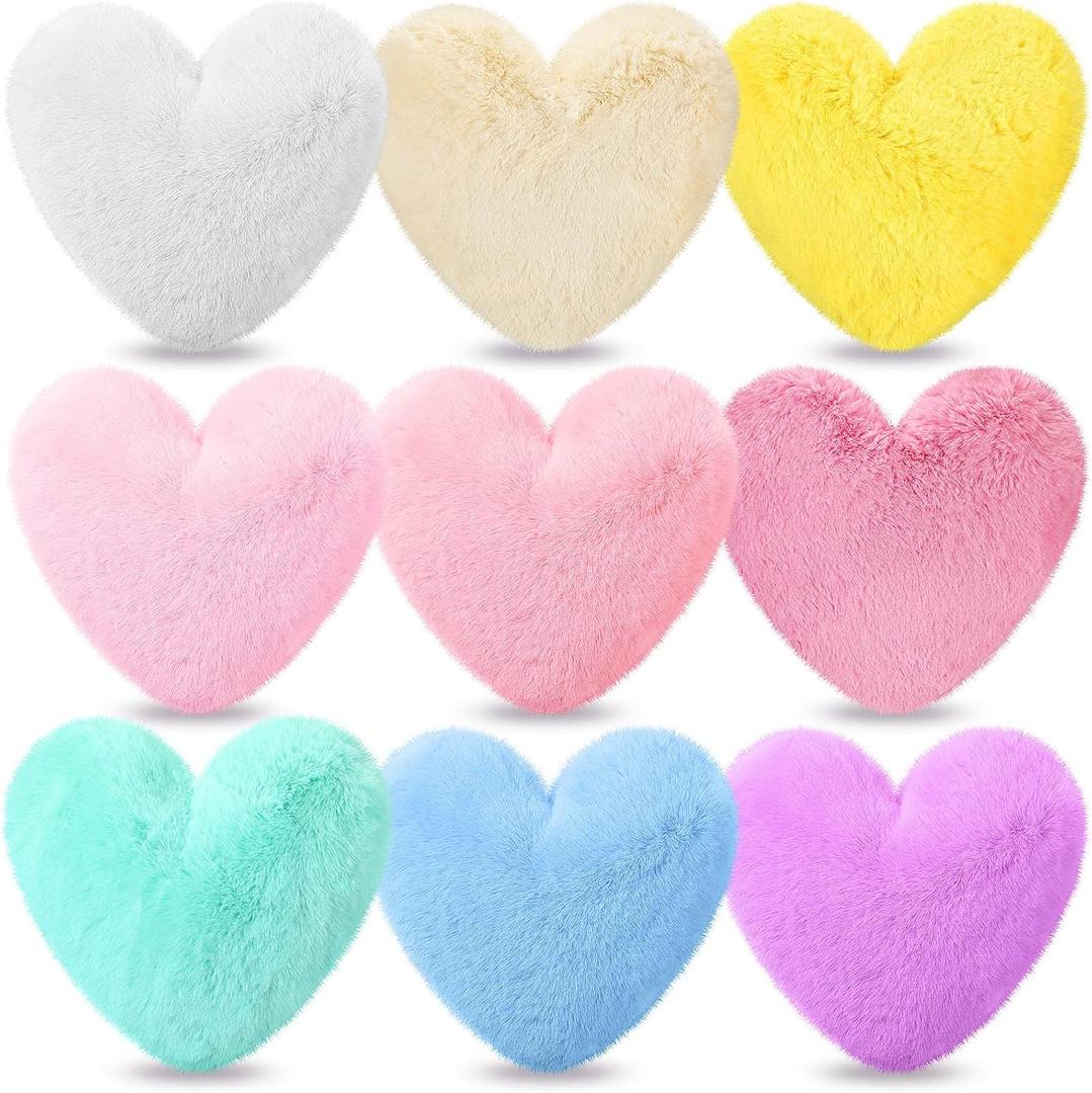 9 Pcs Pastel Colors Christmas Heart Pillow Faux Rabbit Fur Fluffy Heart Throw Pillows Cute Decorative Soft Throw Cushion for Women Couch Bed Sofa Chair Home