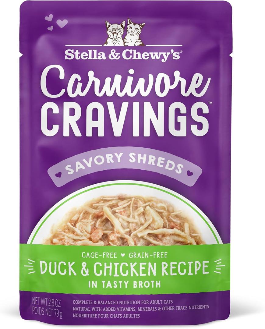 Stella & Chewy's Carnivore Cravings Wet Cat Food - Premium Pouches - Grain Free, High Protein Duck & Chicken - Perfect for Picky Eaters - Complete Meal or Topper (2.8 oz, 24 Pack) , Best By: 12/20/2025