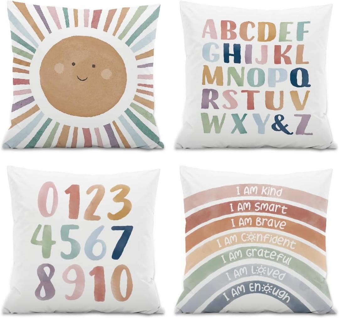 Kids Playroom Decor,Boho Sun Alphabet Throw Pillow Covers,Kids Reading Nook Decor Pillowcase for Classroom Playroom Nursery,18x18 Inch Pillowcase, Set of 4