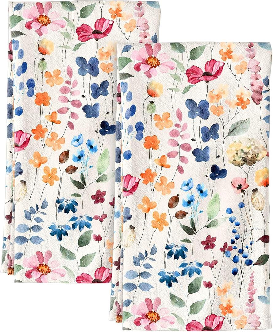 Flour Sack Kitchen Towels Set of 2-18x26 Cotton Dish Towels with Hanging Loop Reusable Tea Towel for Cleaning Spring Absorbent Dishcloths Cute Home Decor Housewarming, Watercolor Flower