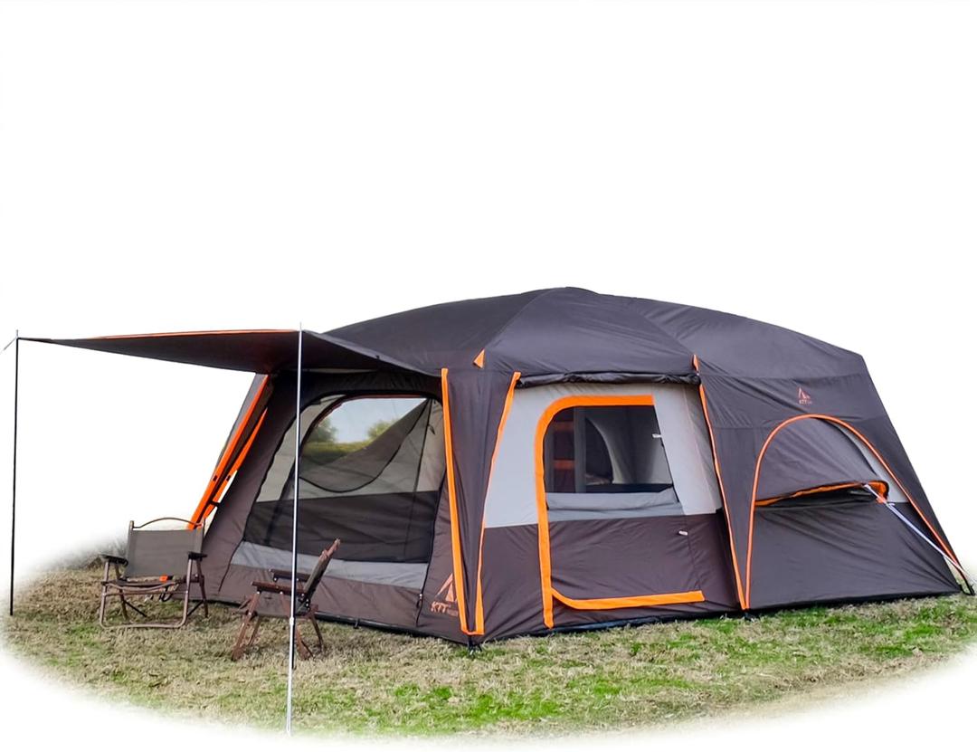 KTT Extra Large Tent 12 Person,Family Cabin Tents,Full Rainfly,2 Bay-Windows,2 Rooms and 3 Doors 3 Windows with Mesh,Waterproof,Straight Wall,Double Layer,Big Tent for Outdoor,Picnic,Camping