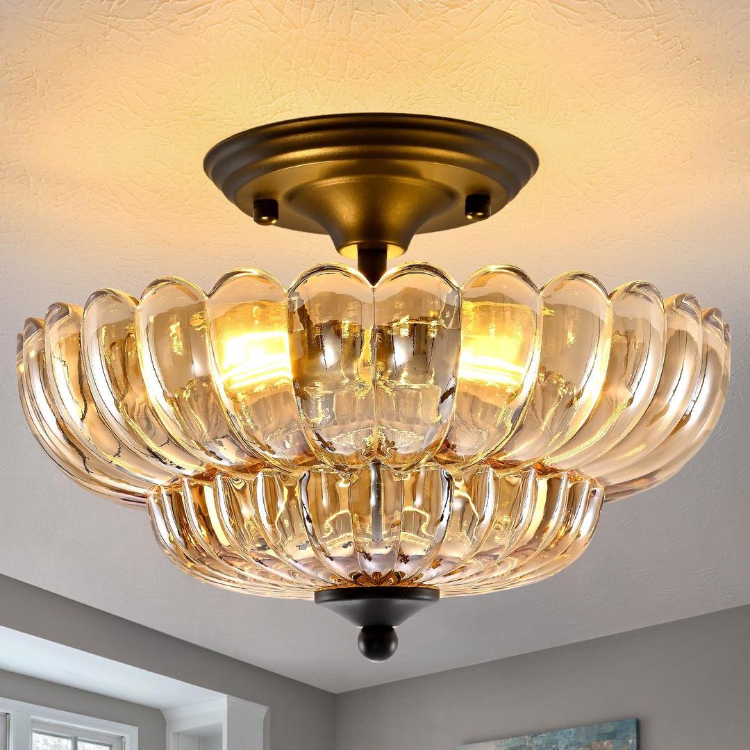 Modern Semi Flush Mount Ceiling Light, 3-Light Black Close to Ceiling Light Fixture with Amber Glass Shade for Living Room Entryway Bedroom